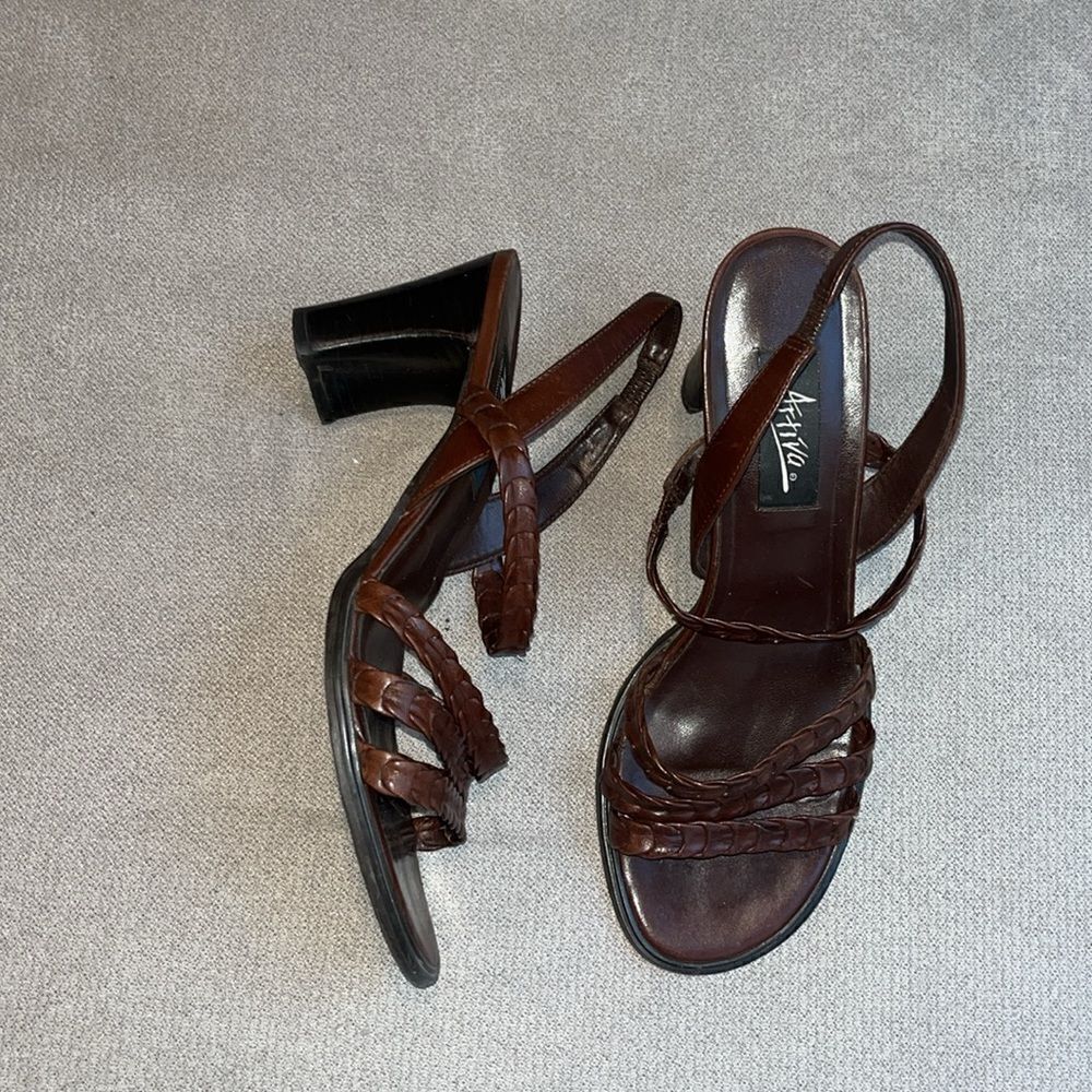 Artiva “Marietta” brown leather open toe 3” heel sandals